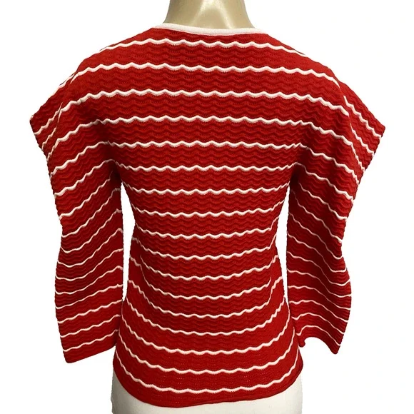 CAROLINA HERRERA Ruffled Striped Pointelle Knit Top Sweater Red White Round S
